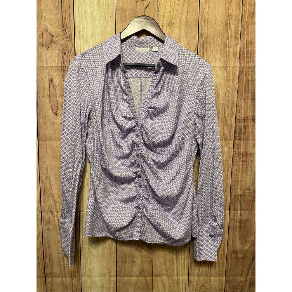 New York & Company Stretch XL purple white button up blouse collared gathered